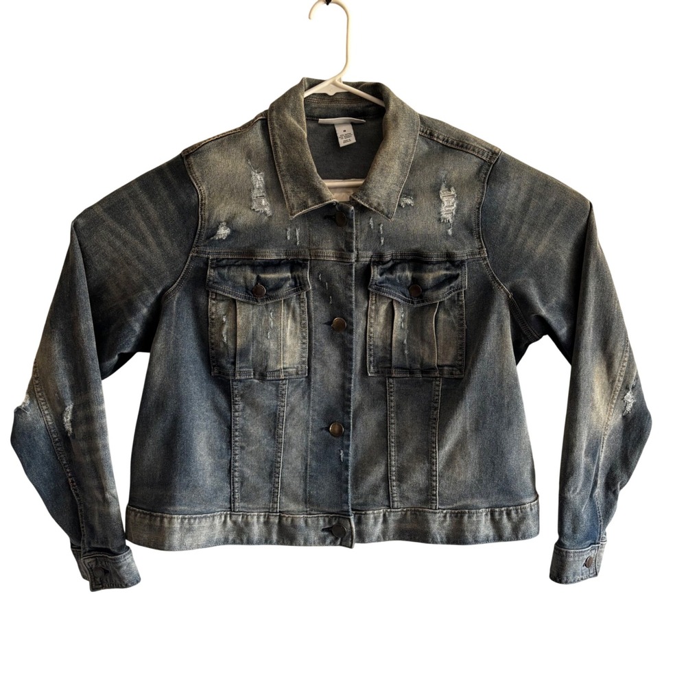 Lane Bryant Womens 18 Distressed Denim Jacket Med Wash Buttons Trucker Stretch